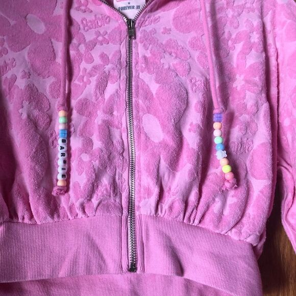 Barbie x Forever 21 Pink Barbiecore Floral Full Zip Beaded Crop Hoodie Size S - Picture 6 of 12